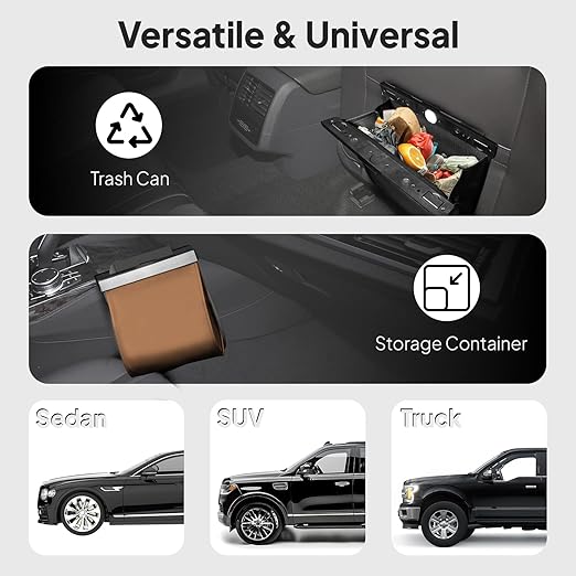 COZILO Leather Car Trash Can with Smart LED Light & Magnetic Closure,Leak-Proof, Odor-Lock Car Trash Bin for Any Cars, Sedans, SUVs, Trucks, Brown