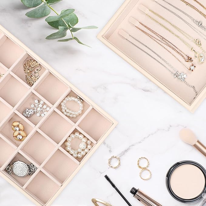 Voova Stackable Jewelry Organizer Tray with Lid, PU Leather Jewelry Storage Holder for Drawer Inserts, Jewellery Display Box 