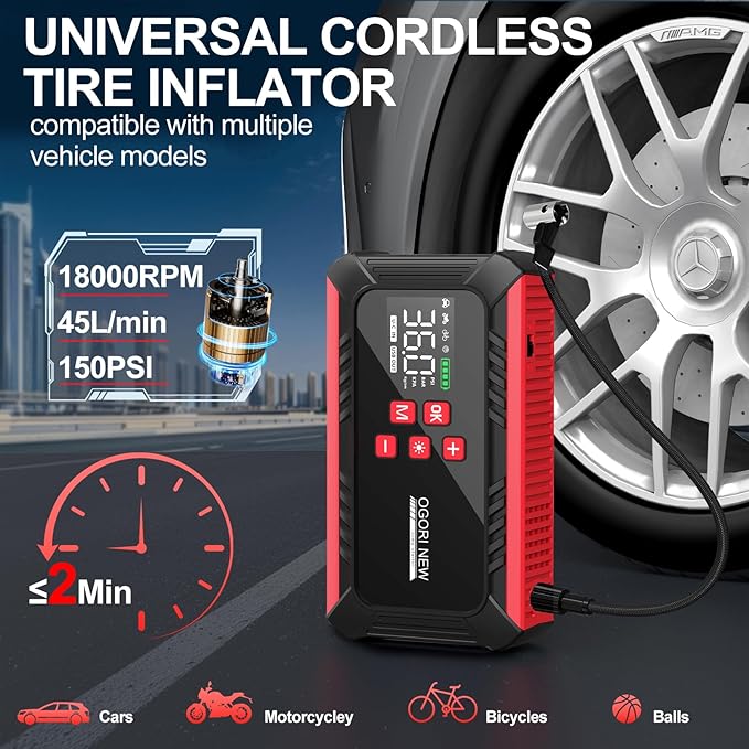 7000A Jump Starter with Air Compressor, 21800mAh Car Battery Jump Starter (All Gas/16.0L Diesel) with 150PSI Auto-Shutoff Tire Inflator, 12V Portable Jump Box with Booster, Jumper Cables