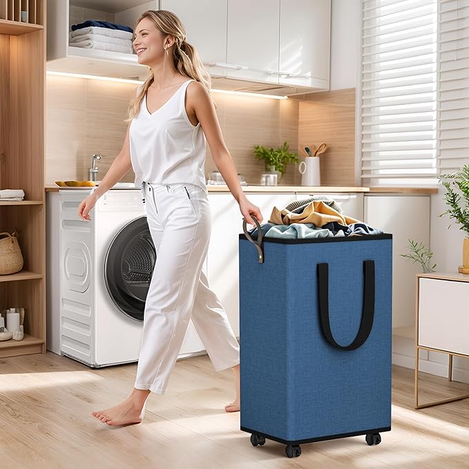 SpaceTrove Laundry Basket with Wheels, Collapsible Laundry Baskets, Laundry Hamper with Handles Detachable Wheels, Rolling La