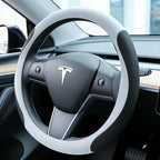 White Tesla Nappa Leather Steering Wheel Cover, Model 3/Y Accessories, Comfort Grip, Anti-Slip Breathable, Compatible with Te