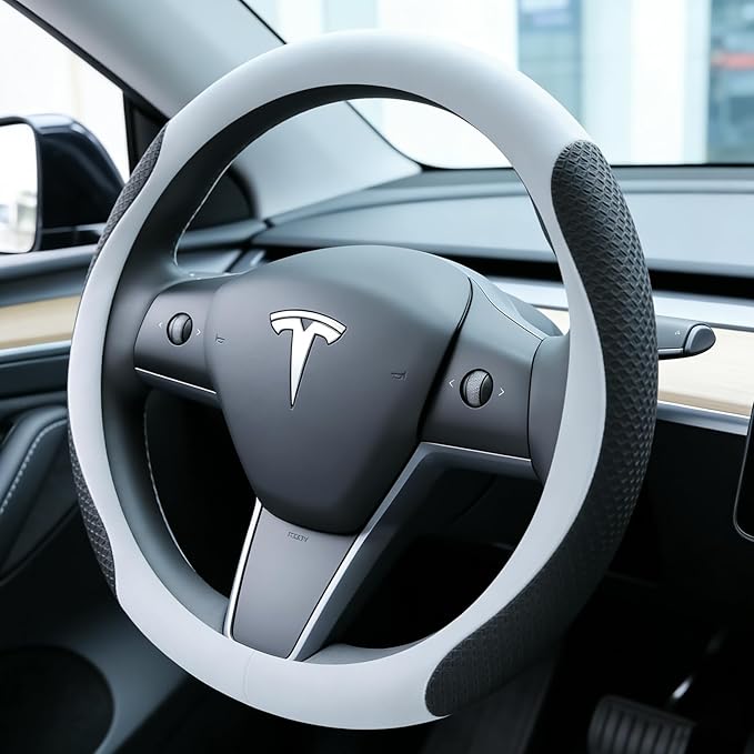 White Tesla Nappa Leather Steering Wheel Cover, Model 3/Y Accessories, Comfort Grip, Anti-Slip Breathable, Compatible with Te
