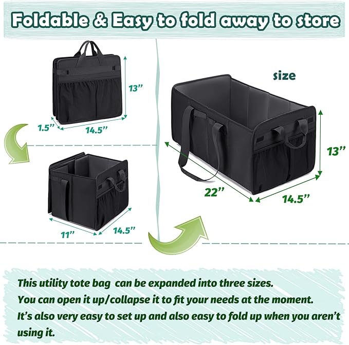 Muzale Extra Large Utility Tote Bag with Wire Frame Collapsible Reusable Grocery Bags Heavy Duty Shopping Bags for Groceries with Handles Trunk Organizer for Beach Travel Picnics Camping Laundry
