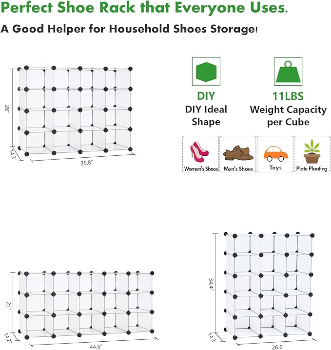 C&AHOME Plastic Shoe Rack,16-Cube Modular Shoes Storage Stand, Multifunction Closet Cabinet, Stackable Shoe Organizer for Bed