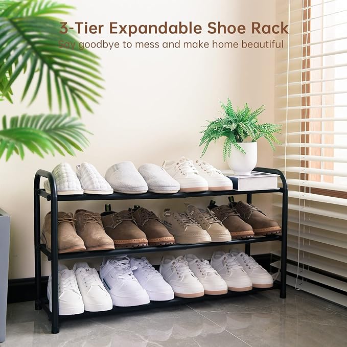 Gonfoam 3-Tier Expandable Shoe Rack,Adjustable Shoe Shelf Storage Organizer Heavy Duty Metal Free Standing Shoe Rack for Entr