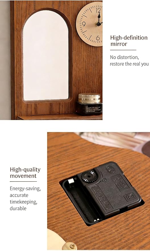 Vintage Wooden Wall Mirror with Clock & Key Holder Wall Mount - Space-Saving Hooks Design for Bedroom Entryway Decor