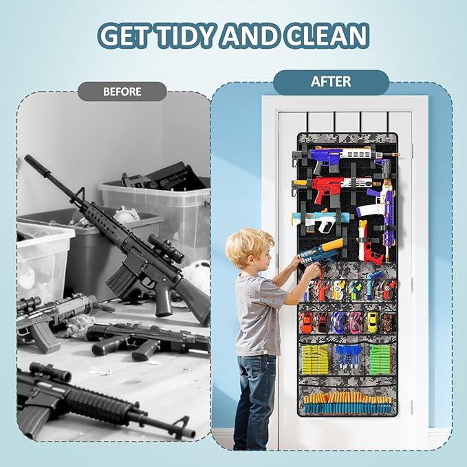 Over The Door Organizer for Toy Guns, Toys Organizer with Pockets, Hook&Loop Straps for Foam Blasters, Darts, Goggles, Hangin