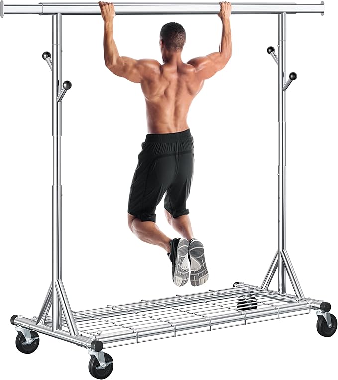 Gewudraw Heavy Duty Clothes Rack Load 630 lbs, Metal Rolling Clothing Rack With Sturdy Wheel And Shelves, Adjustable Portable
