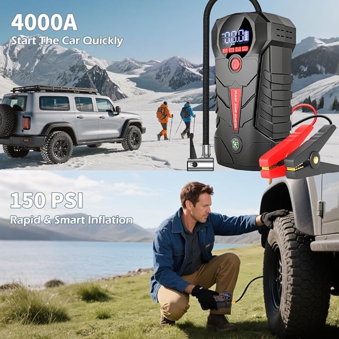 Jump Starter with Air Compressor, 4000A Portable Car Battery Booster, 4-in-1 Car Battery Jump Starter Box (8.5L Gas/6L