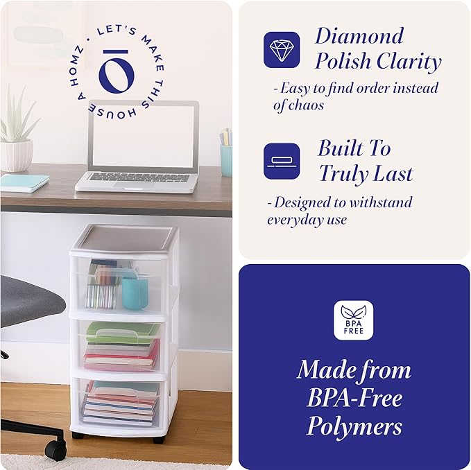 HOMZ 2-Pack Drawer Tower, 3-Tier Clear Plastic Storage Organizer Cart, White Frame - Organizing Containers with Wheels for Ho