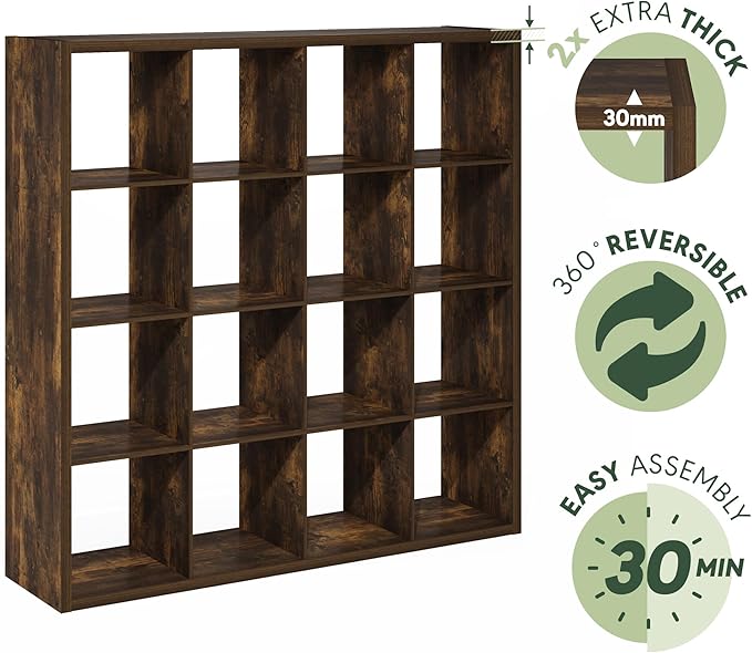 Furinno Cubicle Book Shelf, 16-Cube Bookshelf, Extra Thick Frame Reversible Bookcase with Open Back, 14.6" x 58" x 58", for L
