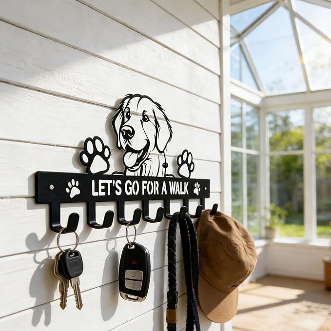 Golden Retriever Key Holder, Dog Leash Holder for Wall with 7 Hooks, Black Decorative Small Key Hanger for Entryway&Front Doo