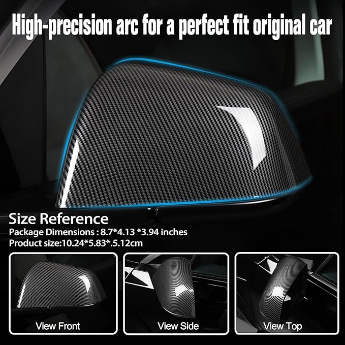 Model 3 Side Mirror Cover, Mirror Cap 2 PCS Gloss Carbon Fiber Rearview Mirro Cover for Model 3 (2019-2025)