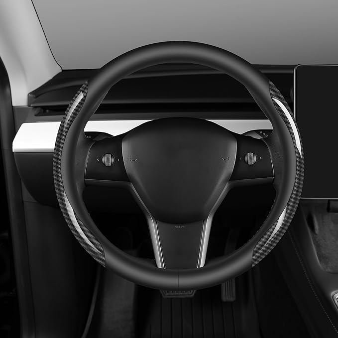 Nappa Leather car Steering Wheel Cover,Carbon Fiber Sports car Interior Non-Slip Ultrathin 15 inches Universal (Black)
