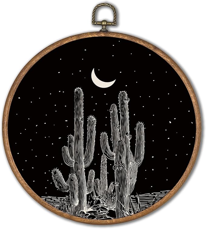 KSDUT Black Cactus Wall Art Decor - Western Wall Art Canvas Frame Hanging Prints, Vintage Southwestern Desert Eclectic Round 