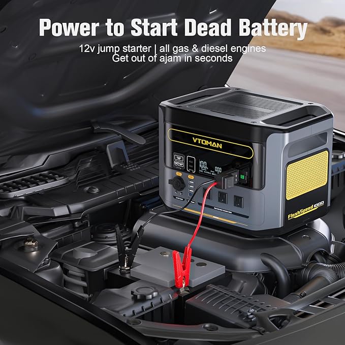 VTOMAN FlashSpeed 1000 Portable Power Station with Jumper Cables, 828Wh LiFePO4 Solar Generator & Car Jump Starter, 1H Fast Charging, 2000W Peak for Home Backup, Camping, Roadside Emergencies