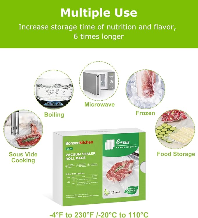 [2025 Upgraded] Bonsenkitchen 6 Rolls 8" x 16' Vacuum Sealer Bags for Food with a Color Box, Easy to Store, Commercial Grade,