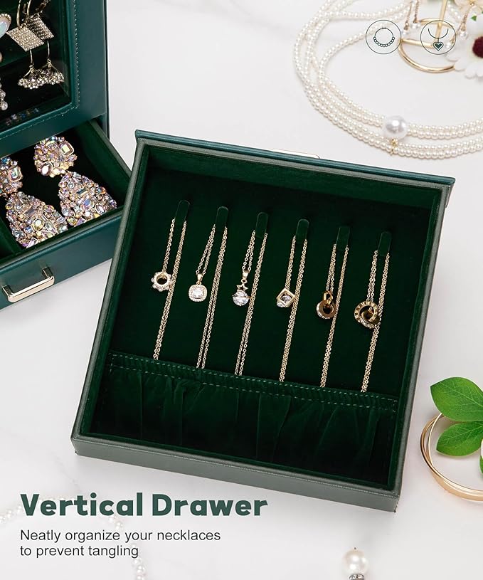 Homde Jewelry Organizer Girls Women Jewelry Box for Necklaces Rings Earrings Gift Bracelets Storage Case (Forest Green + Gold