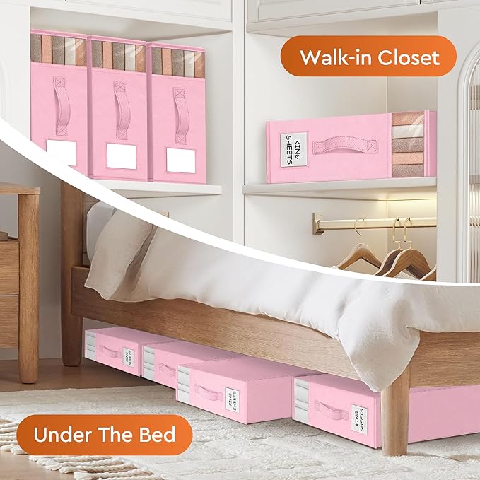 StorageTastic 6 Pack Bed Sheet Closet Organizers and Storage,Sturdy Foldable Storage Containers with Window and Label,Storage