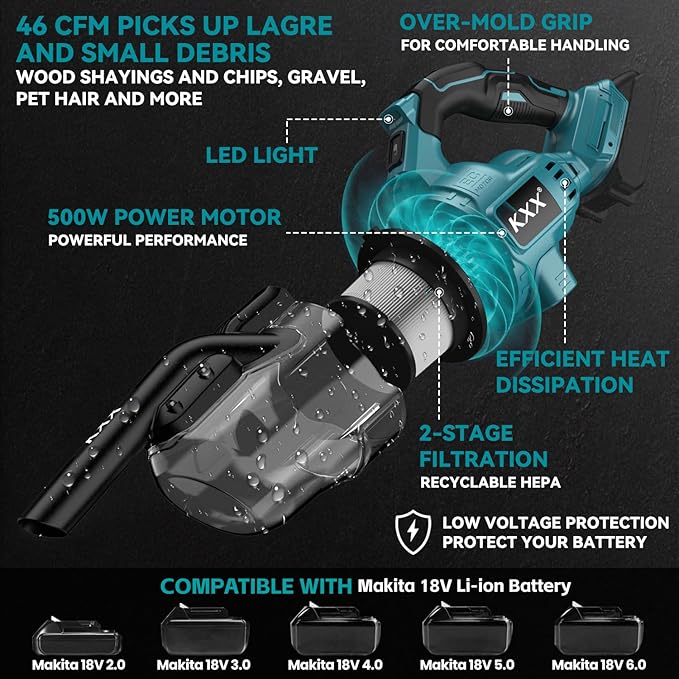 Cordless Vacuum for Makita 18V Battery, 5 in 1 Handheld Electric Vacuum Cleaner with 500W Powerful Motor, 46 CFM Portable Han
