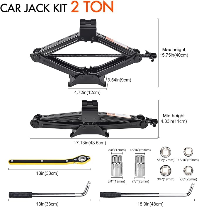 Scissor Car Jack 2 Ton (4409 lbs) Tire Changing Kit with Lug Wrench - Emergency Kit for Car, SUV, MPV
