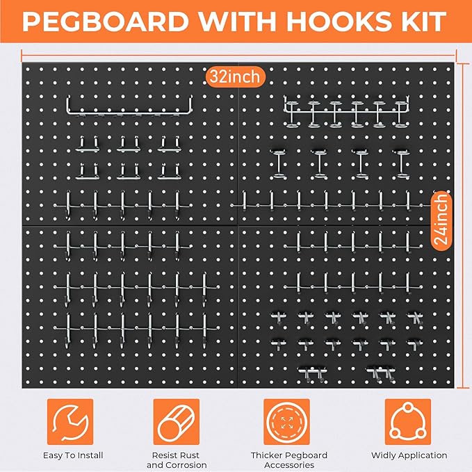 INCLY 70PCS Pegboard Wall Organizer, 4PCS Metal Peg Board Panels with 66PCS 1/4" Pegboard Hooks Accessories Kit, Black Peg Bo