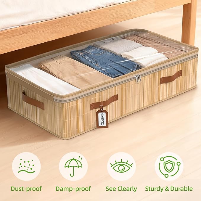 Livole 2 Pack Bamboo Under Bed Storage, 6 inches Underbed Storage Containers, 56L XXL Under Bed Storage Bins with Clear Lid &
