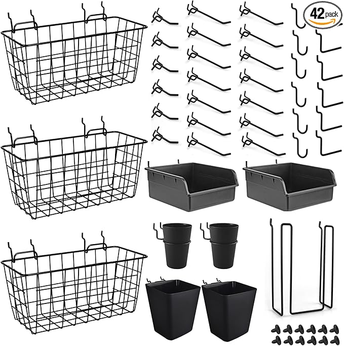 Pegboard Basket Organizers, Peg Board Large Baskets Hooks Bins Cups Tool Organizer 42 Pack Set, Wall Storage Display Hanging 