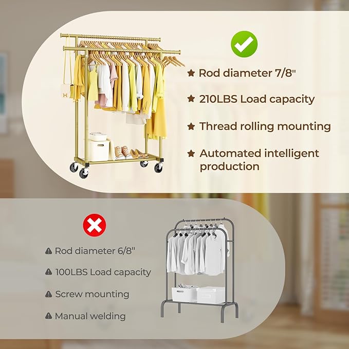 HYSEYY Double Rods Clothes Rack, Sturdy Rolling Clothing Rack, Portable Clothing Racks for Hanging Clothes - Metal Garment Ra