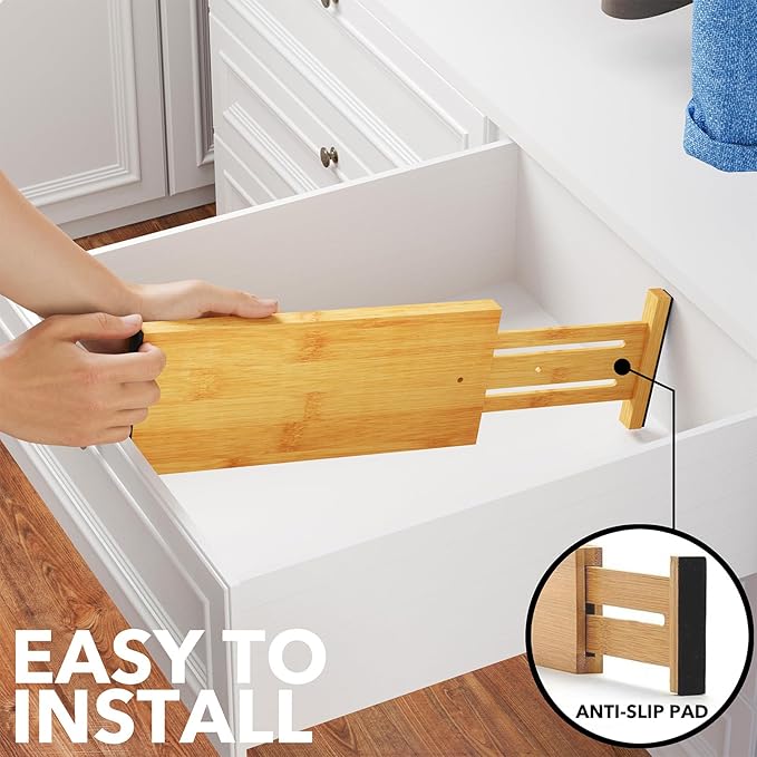 SpaceAid Bamboo Dresser Drawer Dividers 6 Pack, 4.65“ High Adjustable 12.5“-17” Drawer Organizers, Expandable Organization fo