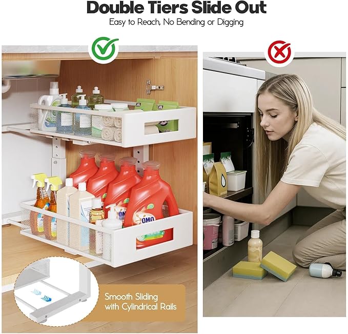 Under Sink Organizer, 2-Tier Dual Pull Out Cabinet Organizer Drawers With Smooth Circular Rail, Large Capacity Metal Mesh Sli