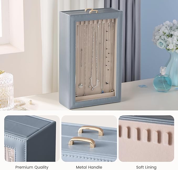 Lolalet Necklace Organizer Box, Jewelry Storage Box with Clear Window for Necklaces Bracelets, Tangle-Free Necklace Display C