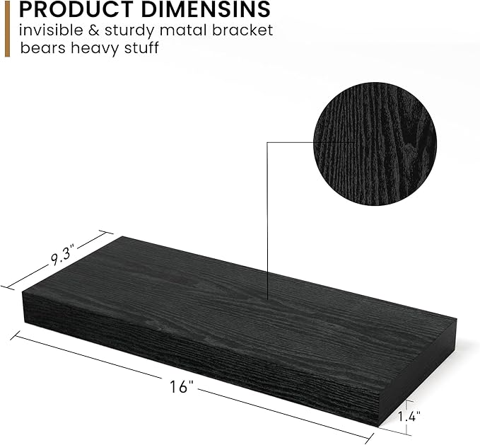 Fun Memories Deep Floating Shelves - 16" W x 9.3" D x 1.6" H Rustic Black Wall Shelf - Wall Mounted Shelves for Storage - Woo