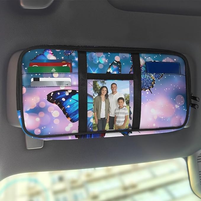 Blue Butterfly Car Sun Visor Organizer, Multi-Pocket Auto Visor Organizers Card Holder Car Storage Bag with Zipper Scratch-Resistant Auto Sunshade Organizer Bag - Organizes Essentials