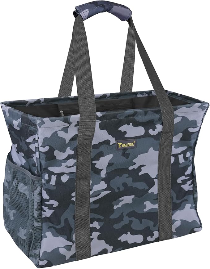 BALEINE Extra Large Utility Tote Bag with Reinforced Wire Frame, Reusable Grocery Bag for Shopping, Picnic (Grey Camouflage, 16.5''x14''x10'')