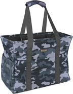 BALEINE Extra Large Utility Tote Bag with Reinforced Wire Frame, Reusable Grocery Bag for Shopping, Picnic (Grey Camouflage, 16.5''x14''x10'')