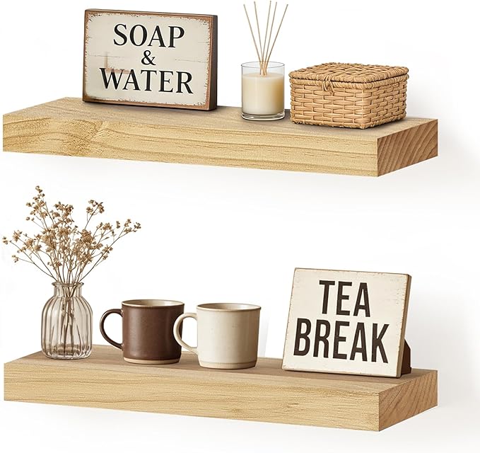 Floating Wall Shelf 16x6.8x1.7 Inch – Solid Wood Shelf in Natural Wood Finish – Wall Mounted Rustic Display Organizer for Bat