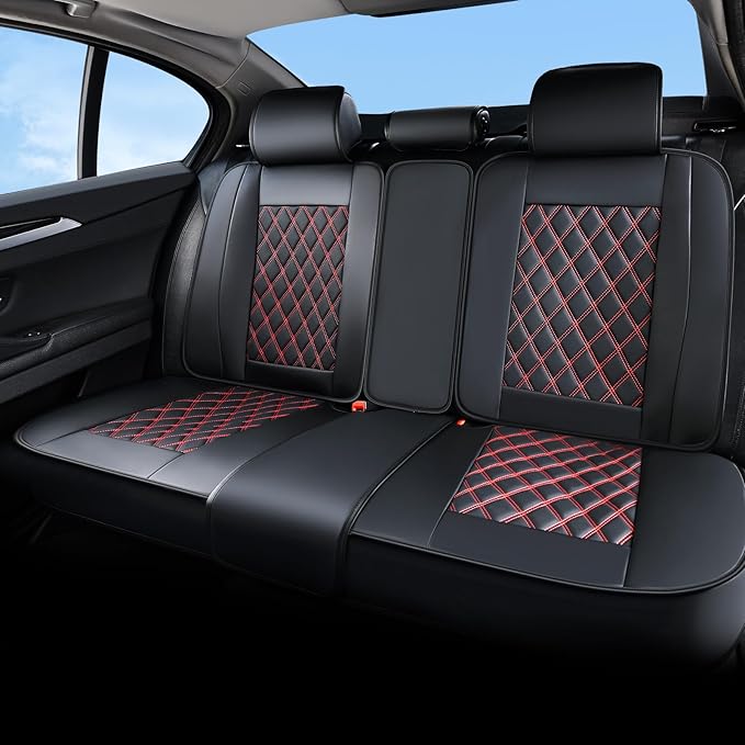 Huidasource Rear Bench Car Seat Covers, Split Back Leather Seat Cover Velcro Adjustable, Compatible with Armrests, Seat Belts