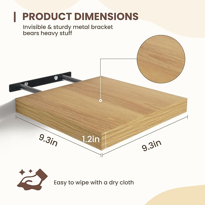 Fun Memories Square Floating Shelves for Wall - 9.3 Inch Deep Floating Shelves with Invisible Brackets, Oak Small Wall Shelf 