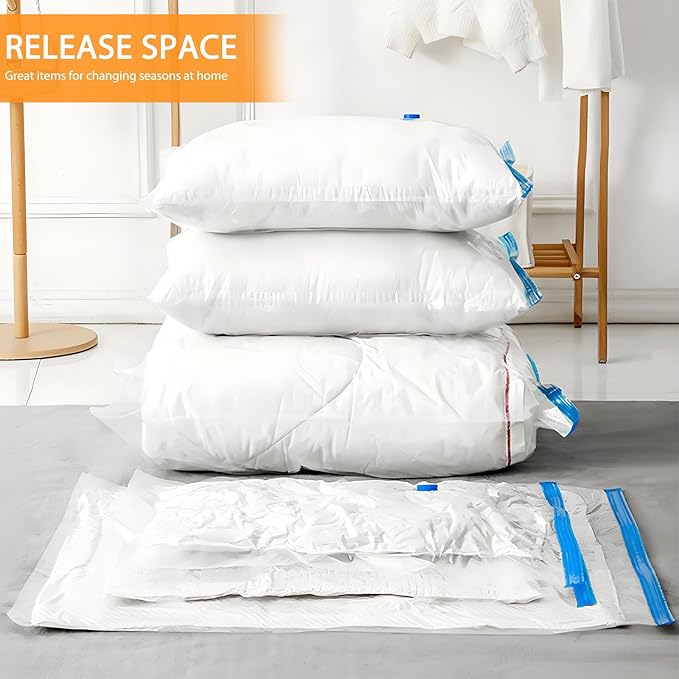 8 Pack Large Vacuum Storage Bags, Vacuum Seal Bags for Clothing with Hand Pump, 80% Space Saver Bags for Clothes, Pillows, Co