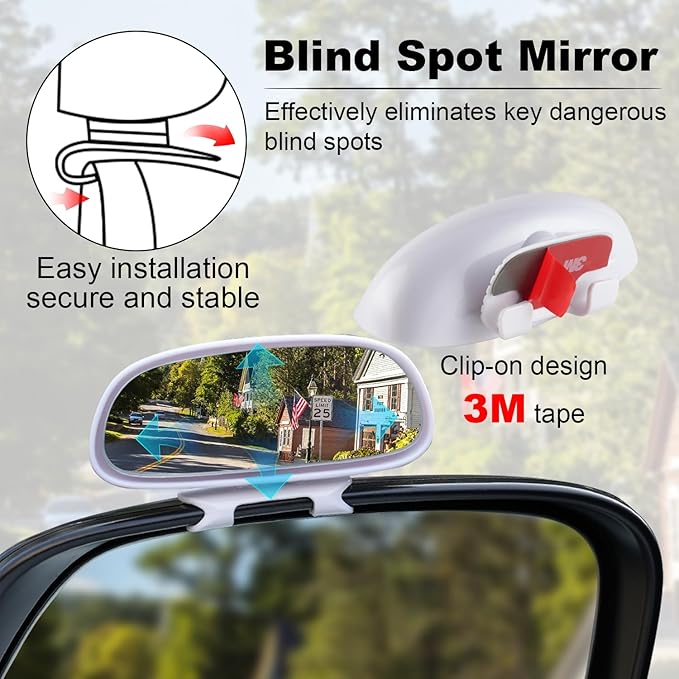 LivTee Clip on Blind Spot Mirror, HD Glass Frameless Convex Rear View Mirrors Exterior Accessories with Wide Angle Adjustable Stick for Car SUV and Trucks, White