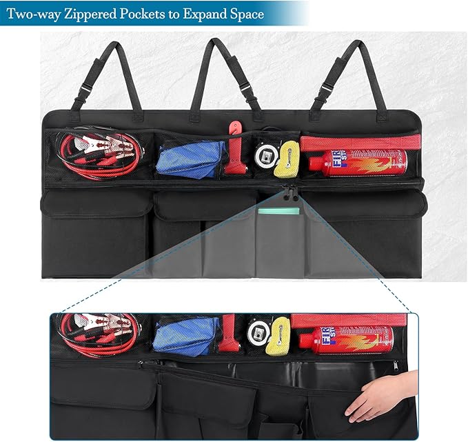 Car Trunk Organizer, Upgraded Version Expand Space Hanging Trunk Organizer with Adjustable Straps, Collapsible Waterproof Suv T