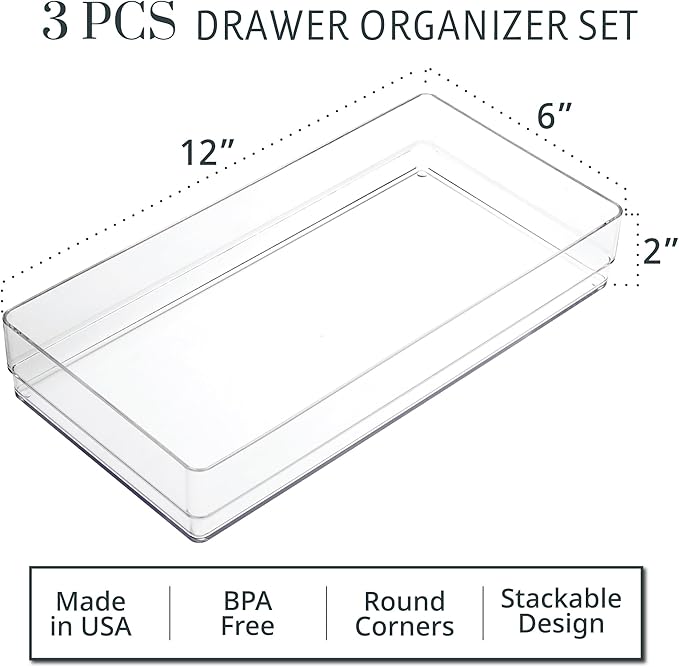 STORi SimpleSort 3-Piece Stackable Clear Drawer Organizer Set | 12" x 6" x 2" Rectangle Trays | Wide Makeup Vanity Storage Bi