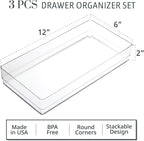 STORi SimpleSort 3-Piece Stackable Clear Drawer Organizer Set | 12" x 6" x 2" Rectangle Trays | Wide Makeup Vanity Storage Bi