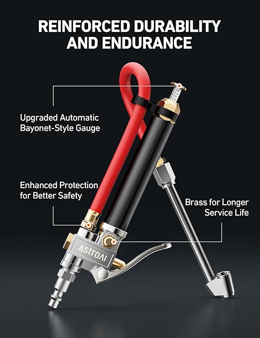 AstroAI T3 Heavy-Duty Tire Pressure Gauge with Inflator, Dual Head Chuck ANSI B40.1 Accurate Air Chuck with Pressure Gauge, 10-120 PSI, Compatible with 1/4" NPT Air Compressor