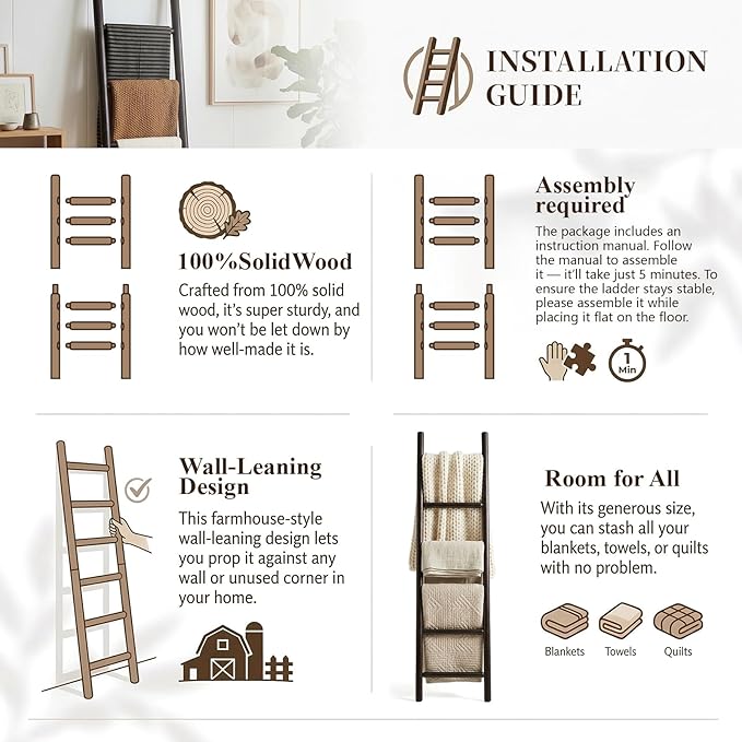 Wooden Blanket Ladder - 76in Natural Wood Color- Leaning Wall Decor for Bedroom, Bathroom, Living Room - Rustic Quilt Holder 