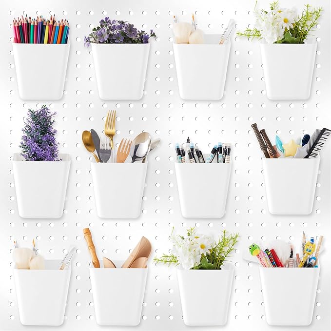 Tessco 12 Sets Pegboard Cups with Hooks Loops Large Bins White Pegboard Wall Organizer Peg Board Containers Square Box Shape 