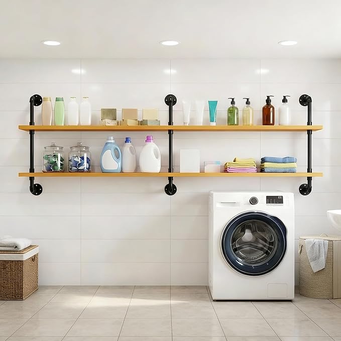 Industrial Pipe Shelving Rustic Floating Bookshelf for Living Room 60 Inch Wall Mounted Bookshelf Pipe Shelves with Wood Plan
