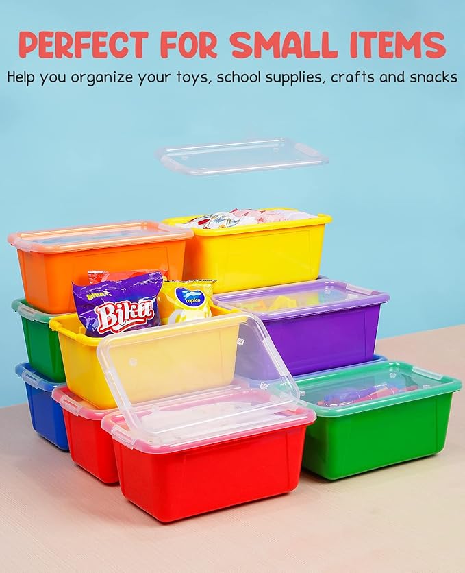 GAMENOTE 6 Quart Storage Bins with Lids,12 Pack Rainbow Plastic Latching Box for Classroom&Kids Toy Storage Opaque Stackable 