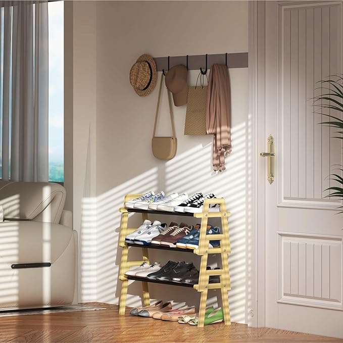 Stackable Shoe Rack Organizer, 3 Tier Shoe Rack for Closet, Bamboo Free Standing Shoe Storage, Shoe Stand for Front Door Entr